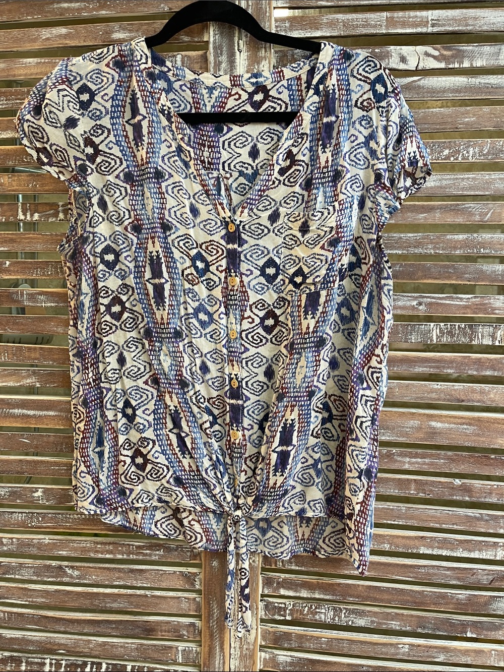 Vintage  super soft Cream and Blue Aztec Tie-Front Blouse